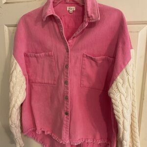 POL DISTRESSED DENIM PINK JACKET FRAYED HEM KNIT SLEEVES OVERSIZED 50”C31”L